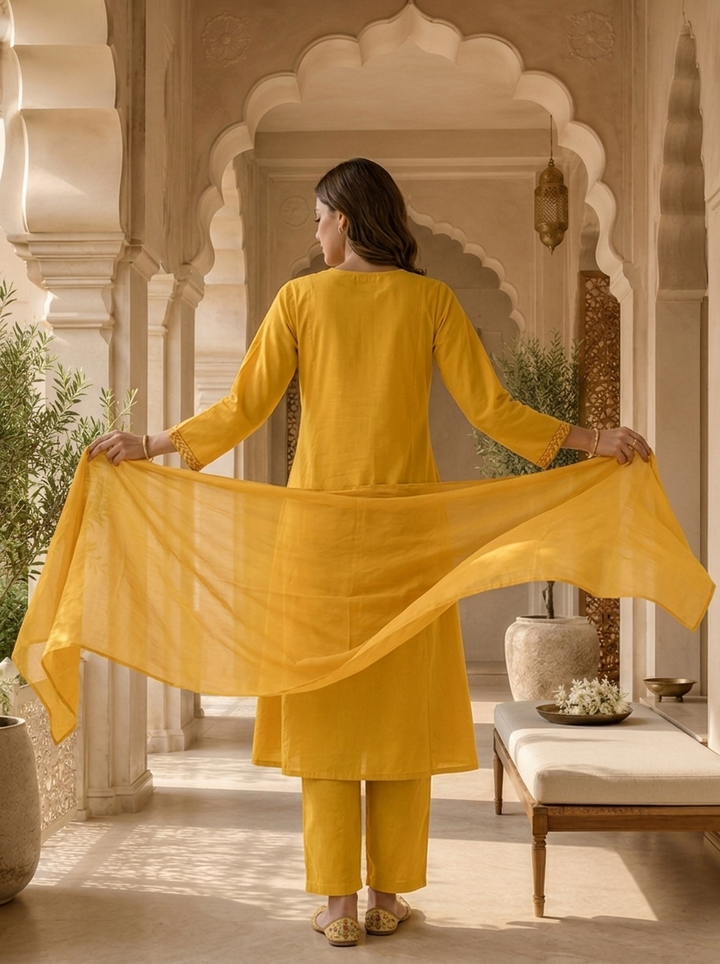 Mustard Mirror Embroidered Cotton Three Piece Set
