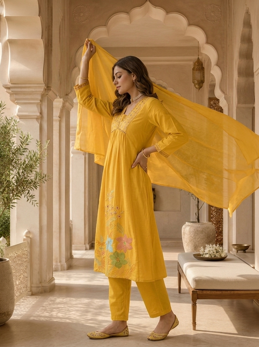 Mustard Mirror Embroidered Cotton Three Piece Set
