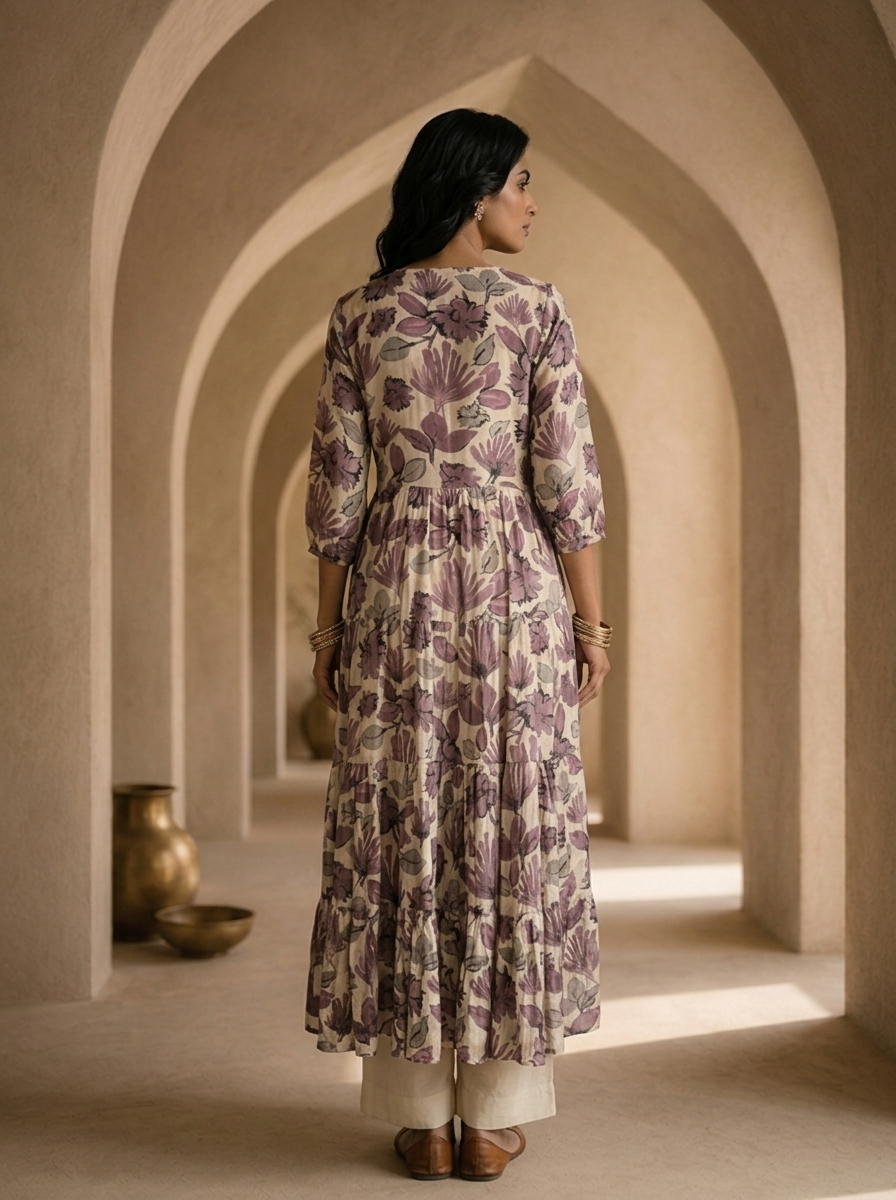 Cream And Wine Printed And Hand Embroidery Long Dress