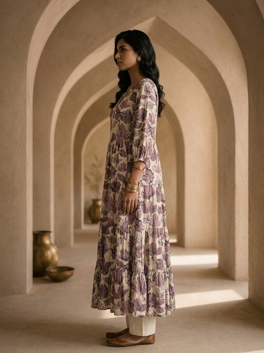 Cream And Wine Printed And Hand Embroidery Long Dress