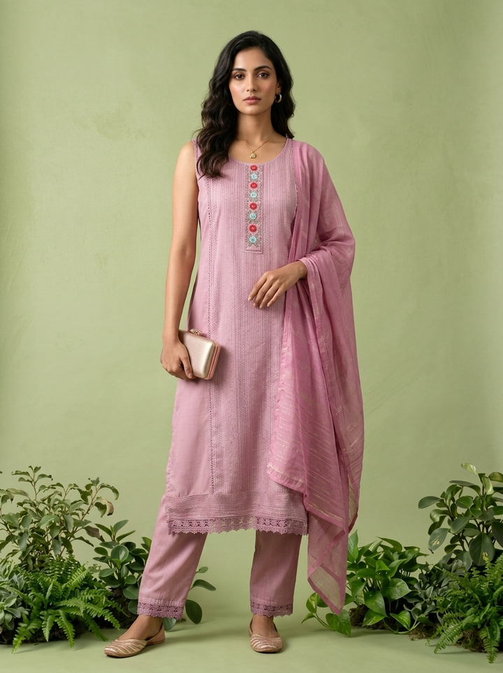 Lilac Floral Thread And Patch Embroidered Muslin Three Piece Set