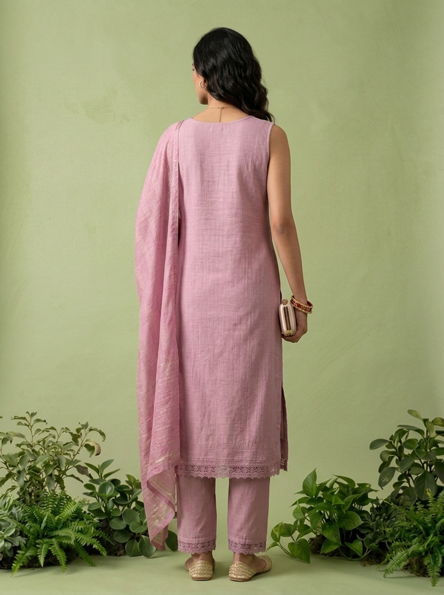 Lilac Floral Thread And Patch Embroidered Muslin Three Piece Set