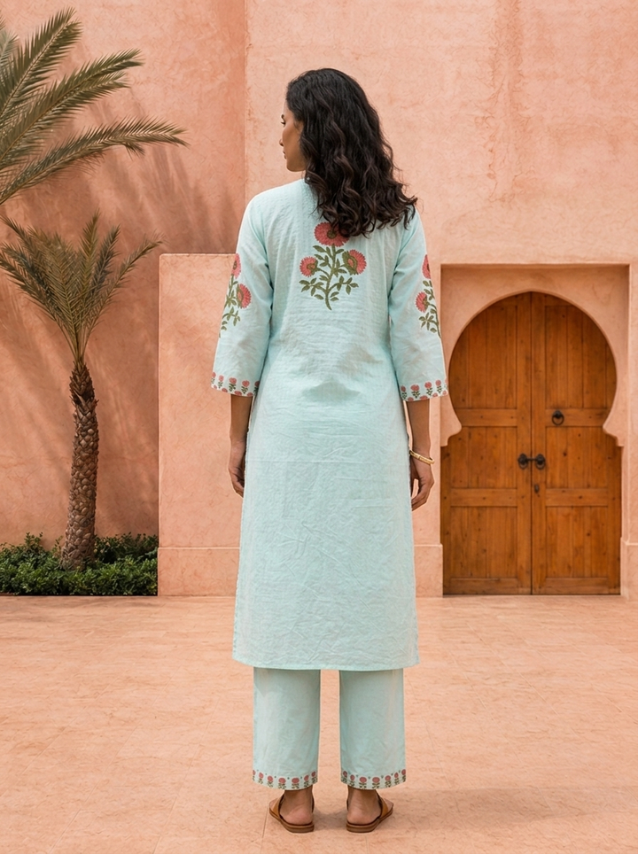 Sky Blue Cotton Floral Printed And Hand Embroidered Three Piece Set