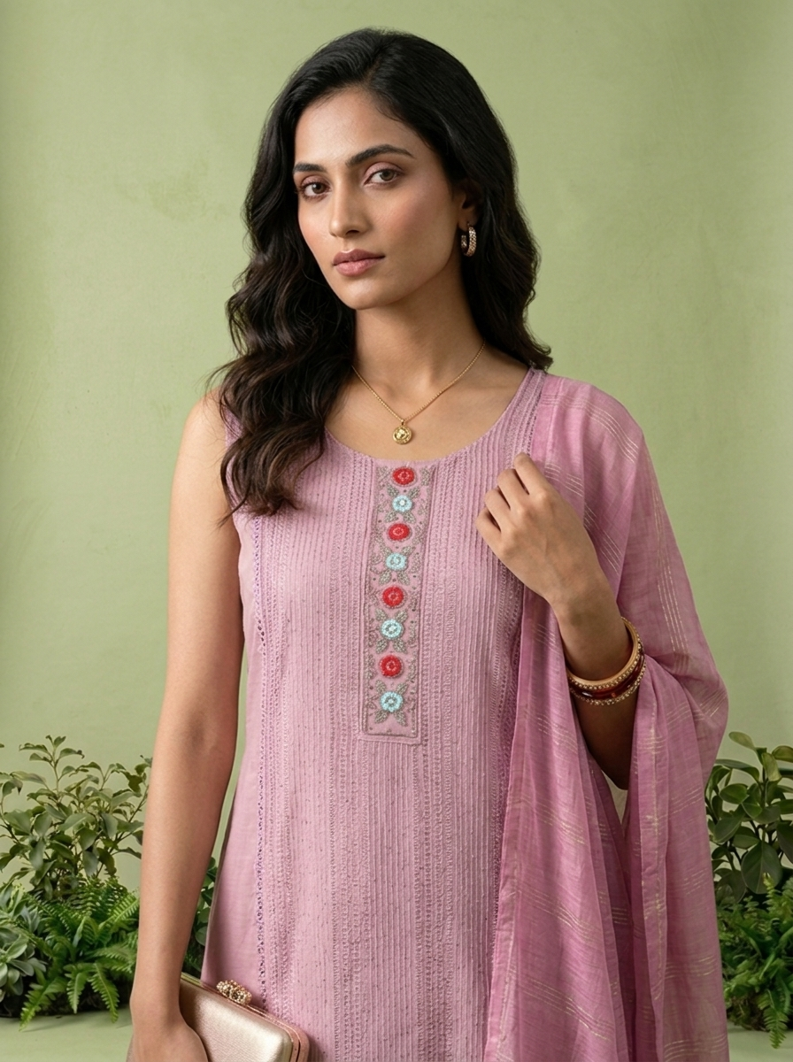 Lilac Floral Thread And Patch Embroidered Muslin Three Piece Set