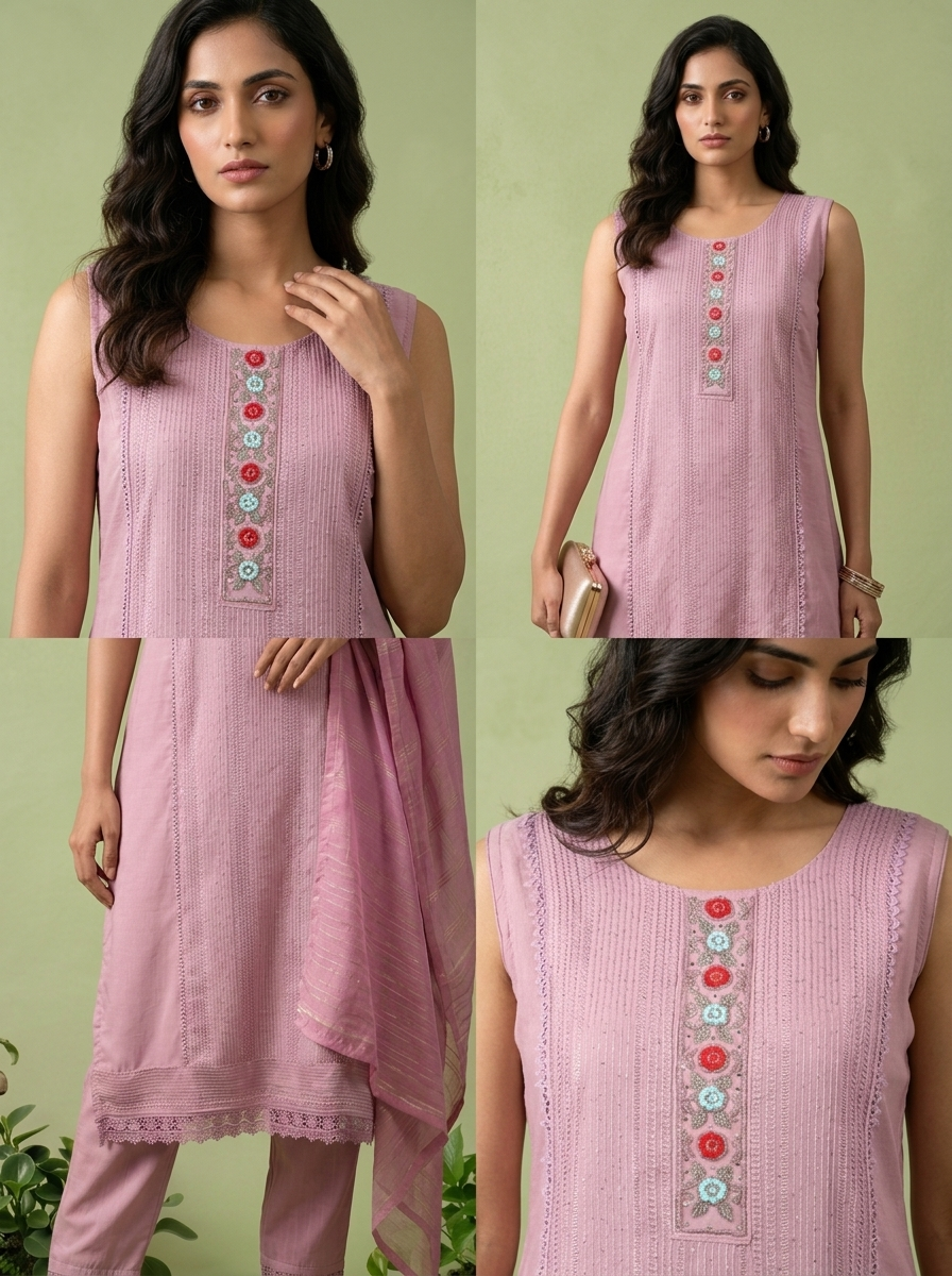 Lilac Floral Thread And Patch Embroidered Muslin Three Piece Set