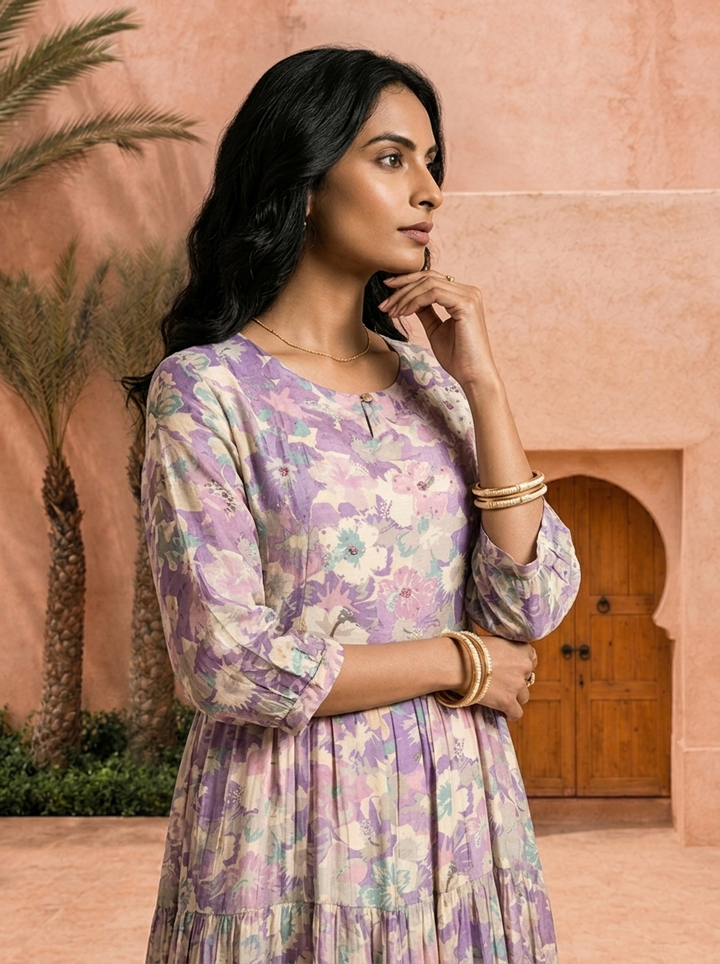 Purple Printed And Hand Embroidery Muslin Long Dress