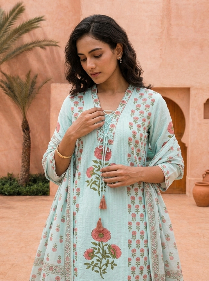 Sky Blue Cotton Floral Printed And Hand Embroidered Three Piece Set