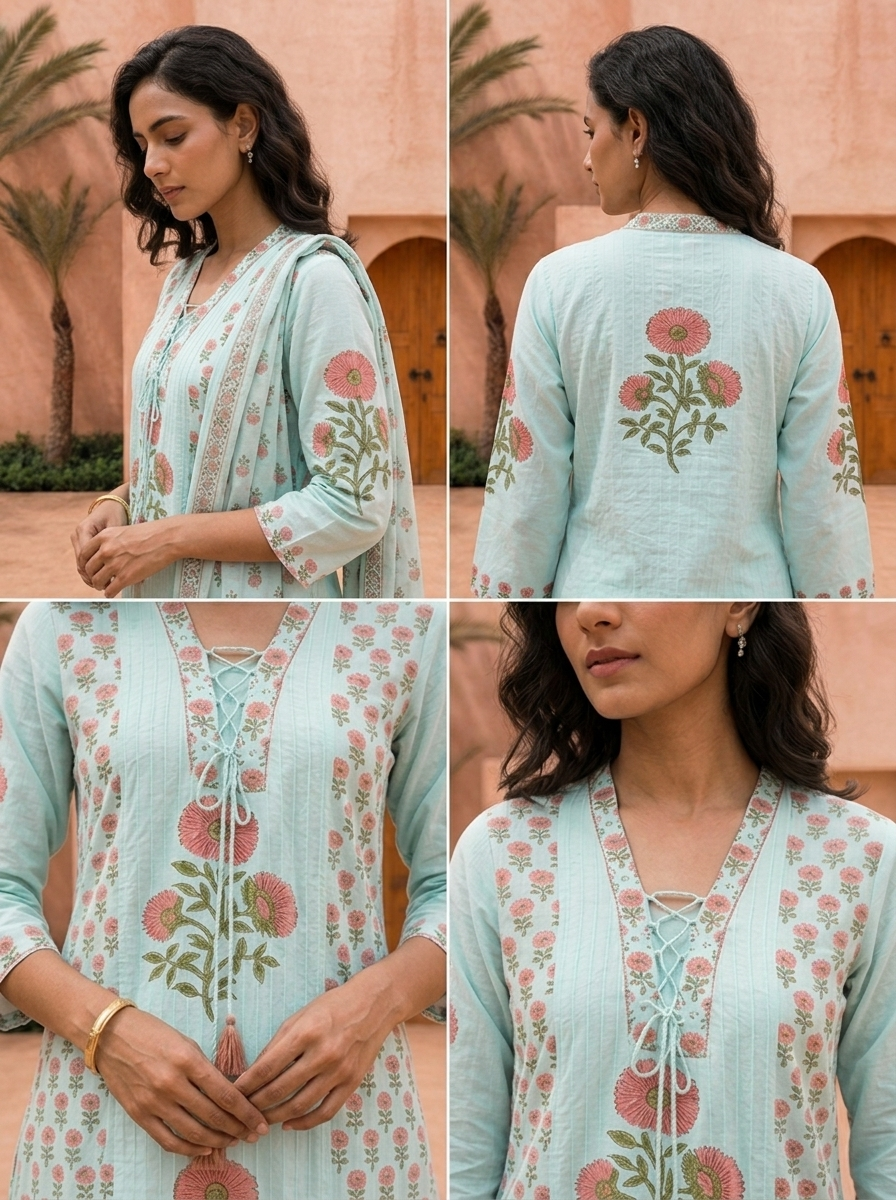 Sky Blue Cotton Floral Printed And Hand Embroidered Three Piece Set