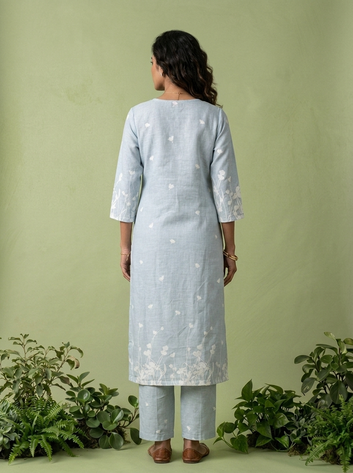 Sky Blue Linen Floral Printed Two Piece Set