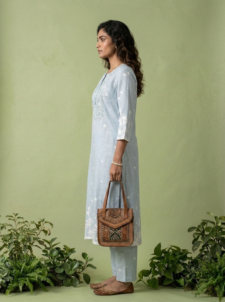Sky Blue Linen Floral Printed Two Piece Set