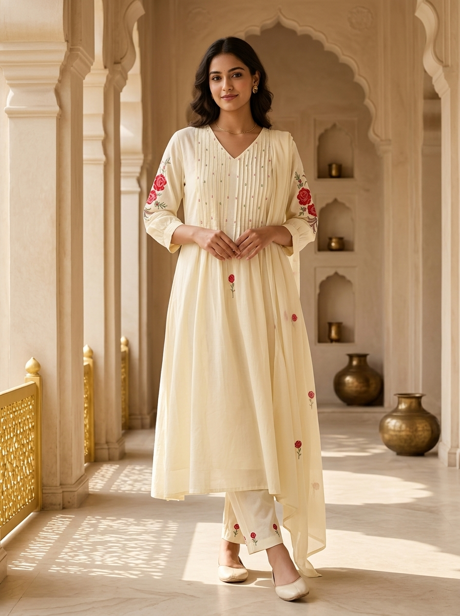 Cream Cotton Pleated Design And Floral Thread Embroidery Three Piece Set