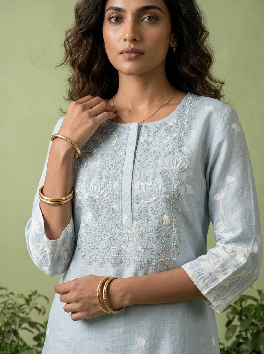 Sky Blue Linen Floral Printed Two Piece Set