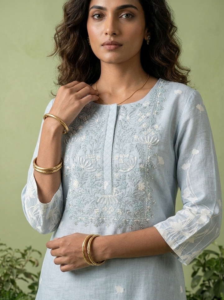 Sky Blue Linen Floral Printed Two Piece Set