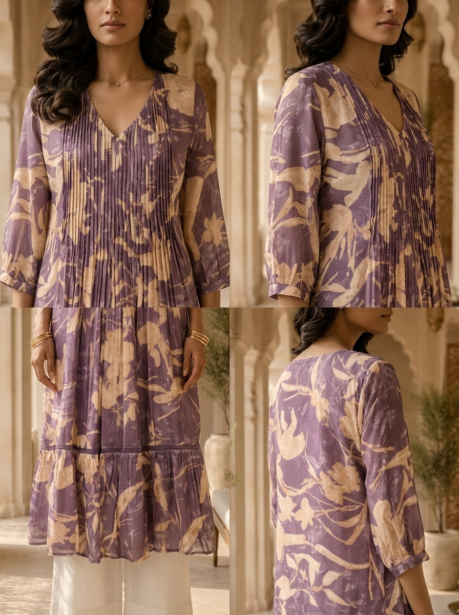 Purple Muslin Pleated Design Kurta