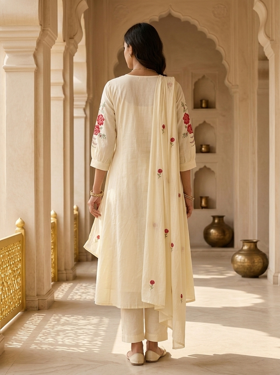 Cream Cotton Pleated Design And Floral Thread Embroidery Three Piece Set