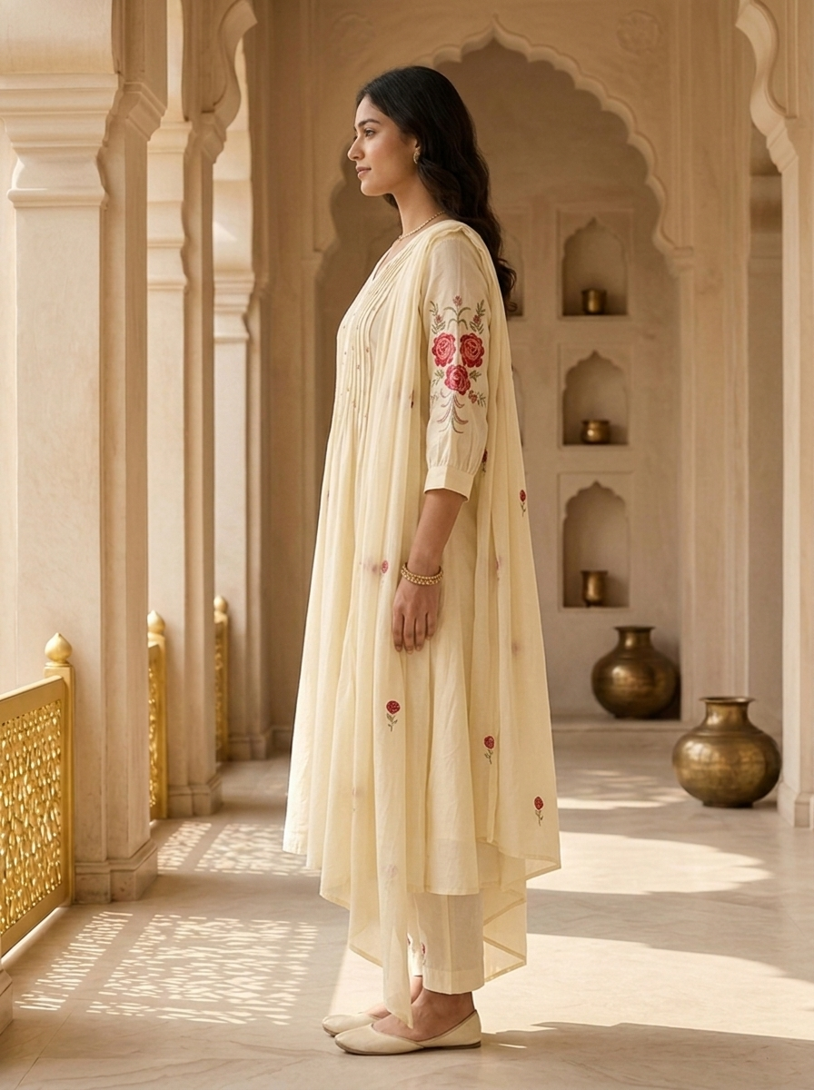 Cream Cotton Pleated Design And Floral Thread Embroidery Three Piece Set