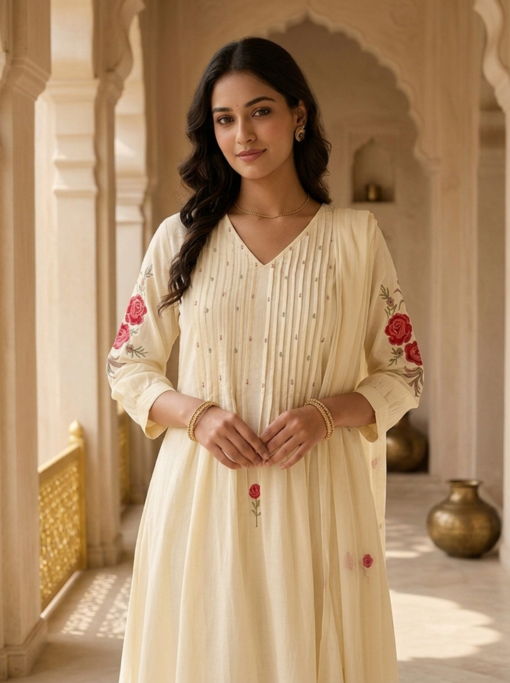 Cream Cotton Pleated Design And Floral Thread Embroidery Three Piece Set