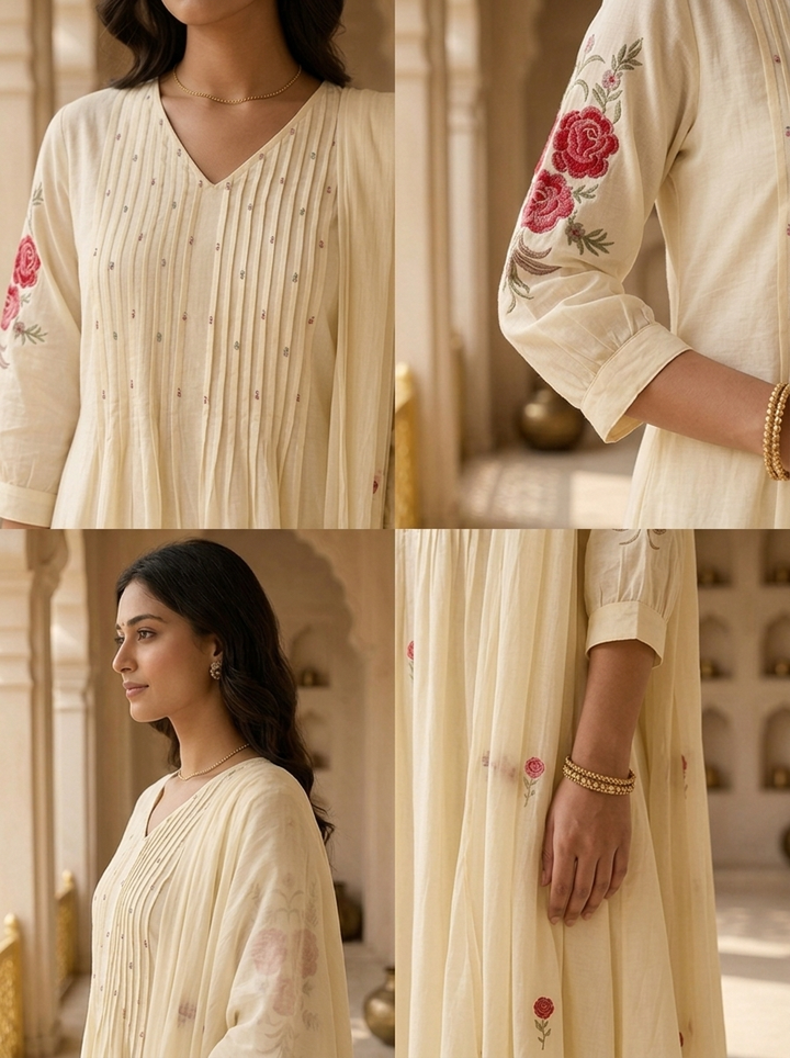 Cream Cotton Pleated Design And Floral Thread Embroidery Three Piece Set