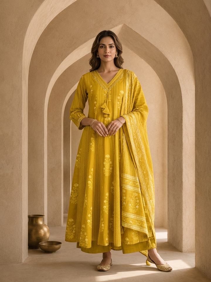 Mustard Cotton Beads Embroidery And Stripe Design Three Piece Set