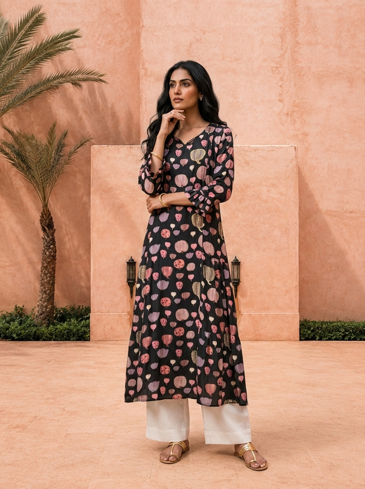 Black Printed A-Line Crepe Kurta