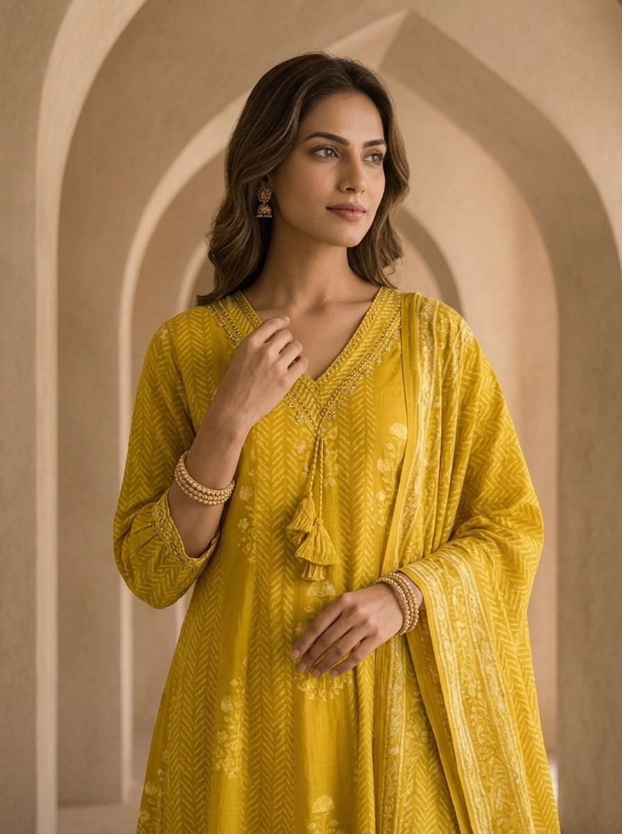 Mustard Cotton Beads Embroidery And Stripe Design Three Piece Set