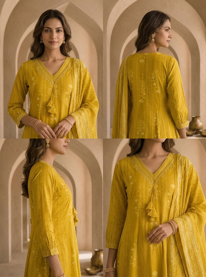 Mustard Cotton Beads Embroidery And Stripe Design Three Piece Set