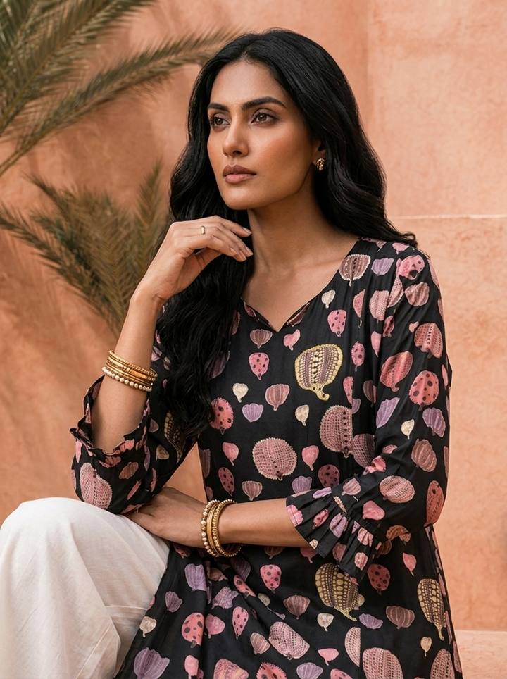 Black Printed A-Line Crepe Kurta