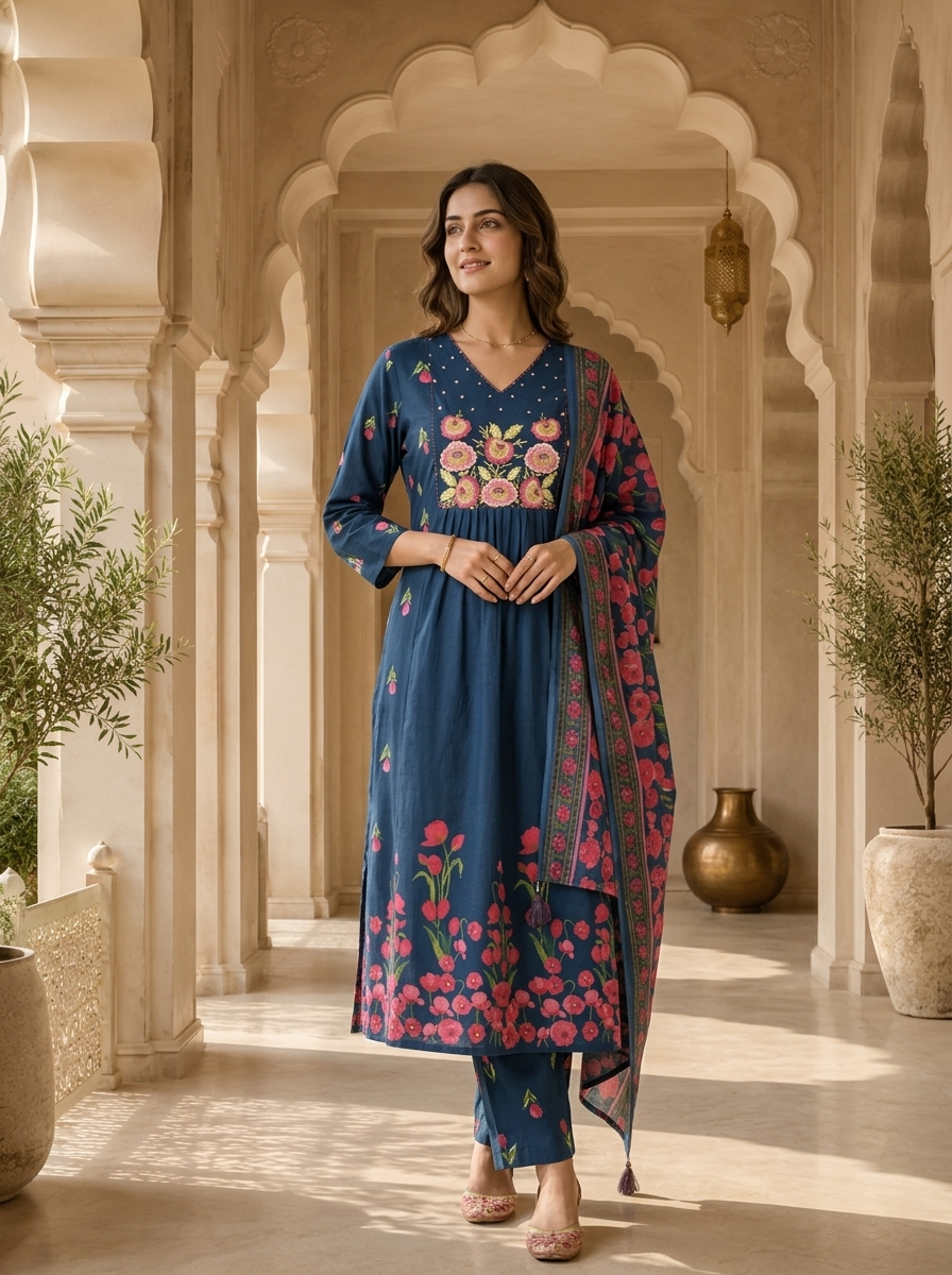 Teal Cotton Floral Embroidered Three Piece Set