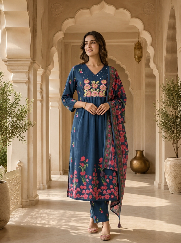 Teal Cotton Floral Embroidered Three Piece Set