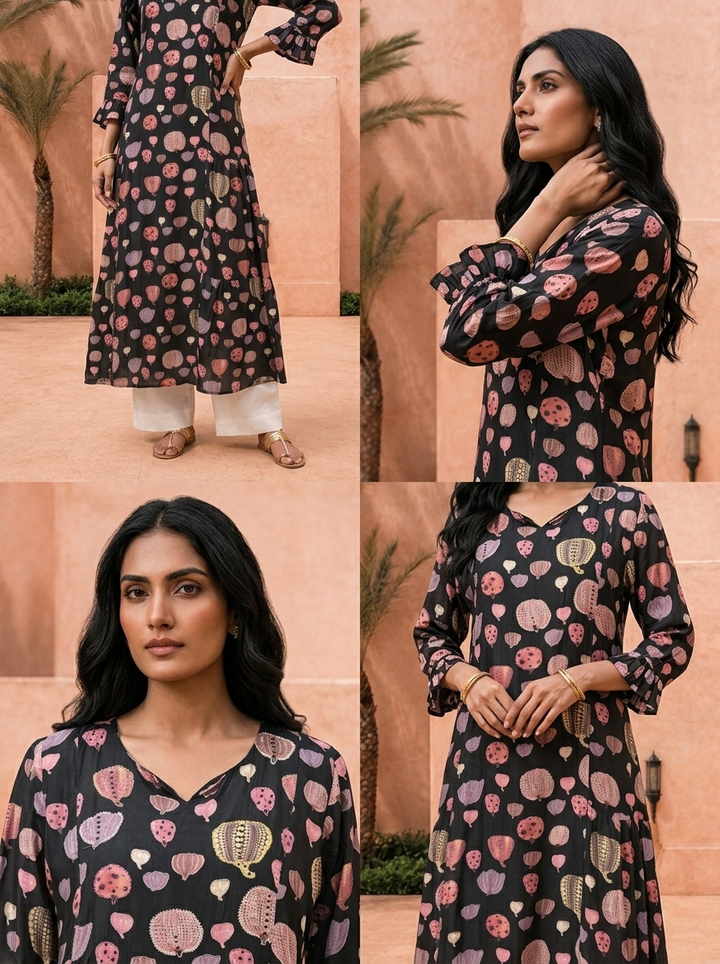 Black Printed A-Line Crepe Kurta