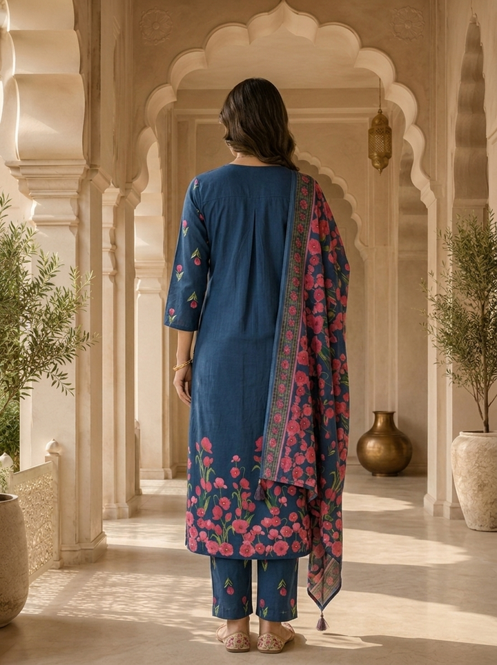 Teal Cotton Floral Embroidered Three Piece Set