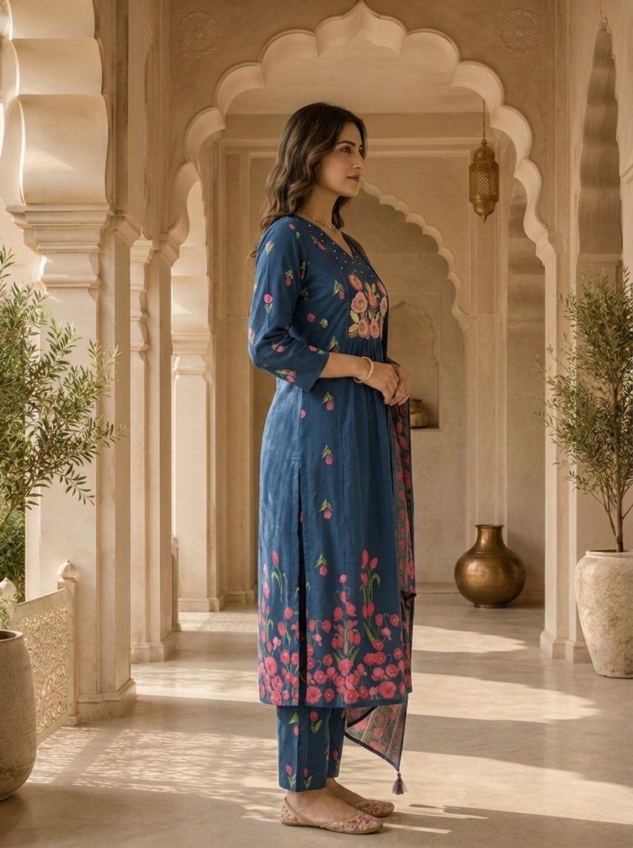 Teal Cotton Floral Embroidered Three Piece Set