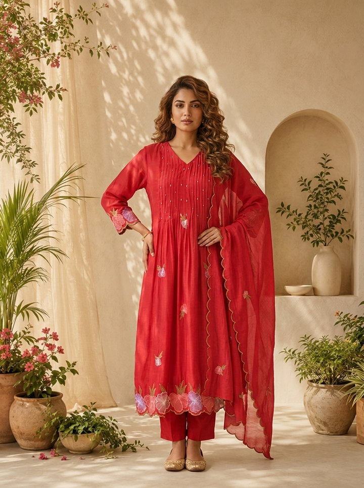 Rani Pink Muslin Pleated And Floral Thread Embroidery Three Piece Set