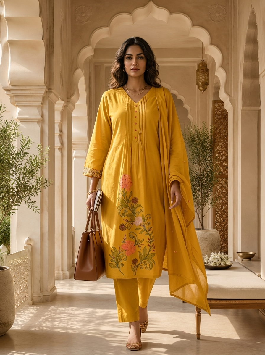 Mustard Cotton Floral Thread Embroidery And Pleated Design Three Piece Set