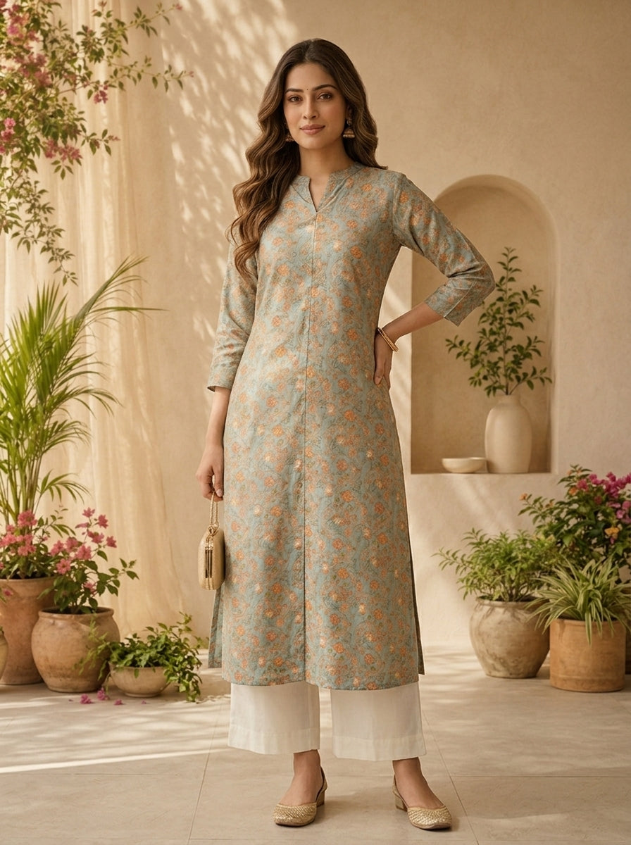 Beige Modal Floral Printed Kurta