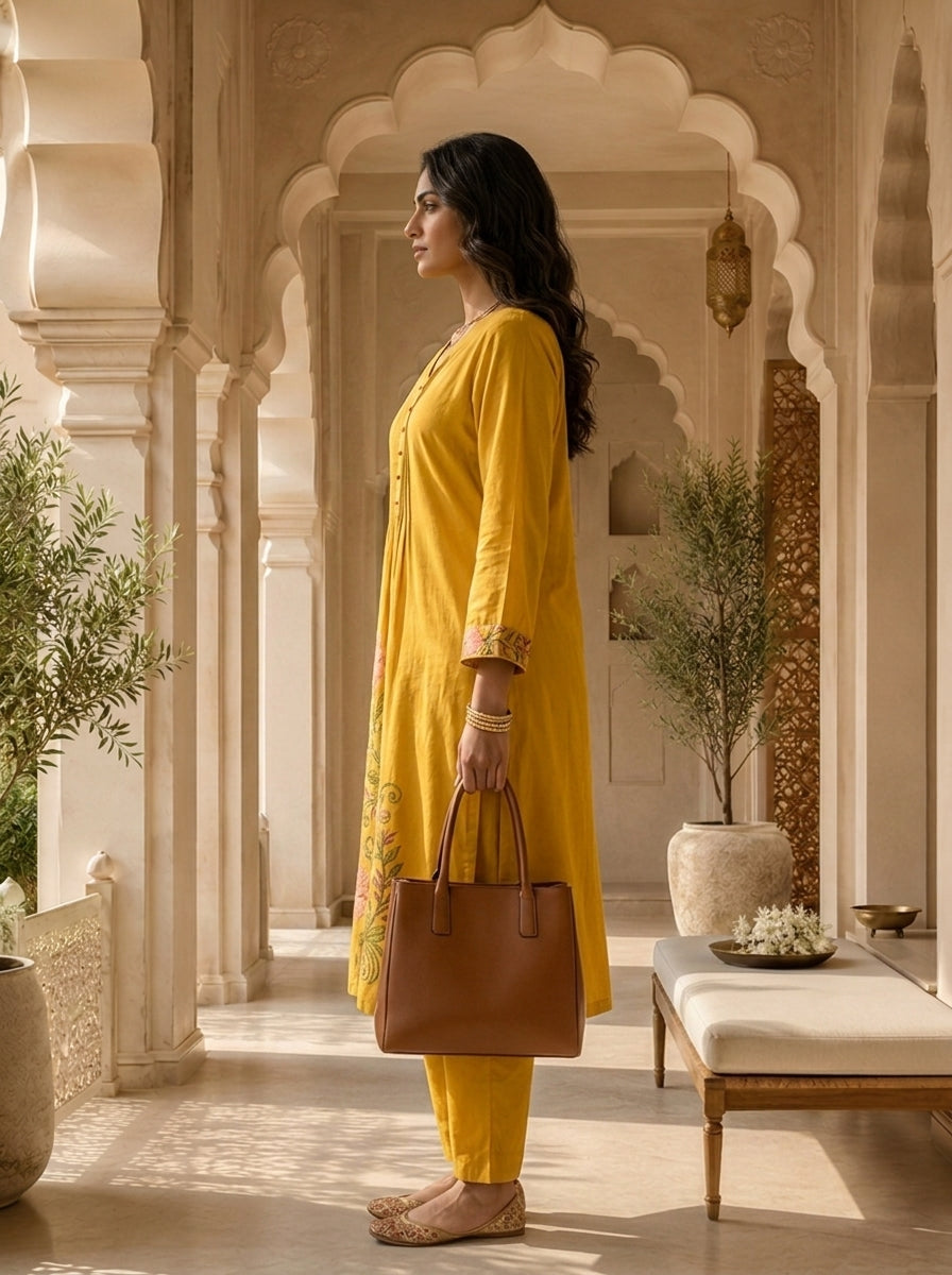 Mustard Cotton Floral Thread Embroidery And Pleated Design Three Piece Set