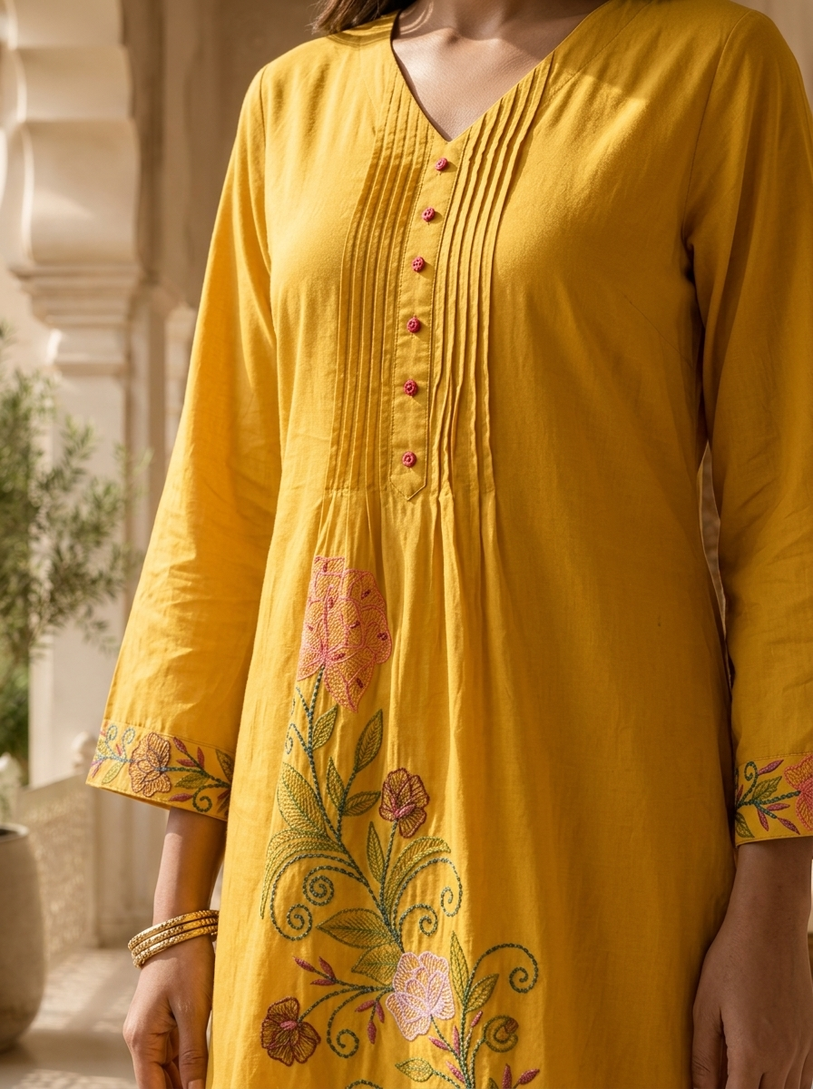 Mustard Cotton Floral Thread Embroidery And Pleated Design Three Piece Set