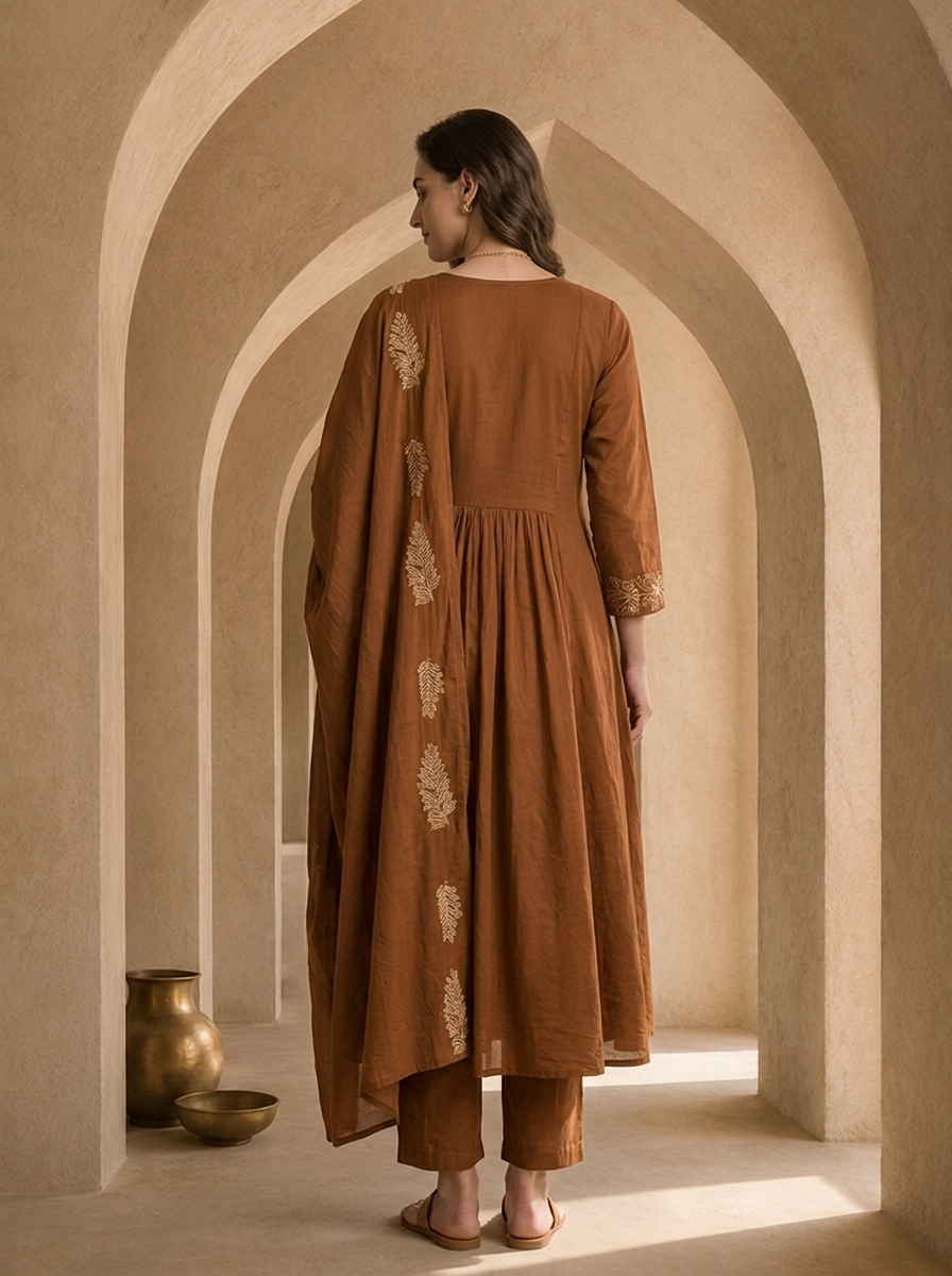 Brown Cotton Floral Embroidery And Solid Design Three Piece Set
