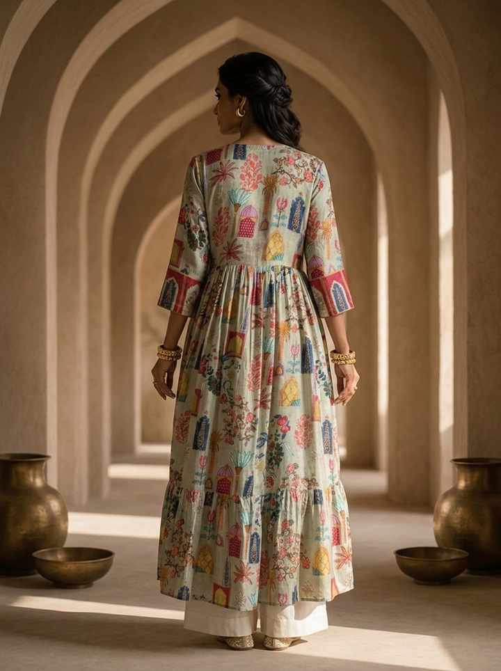 Olive Crepe Printed Long Dress