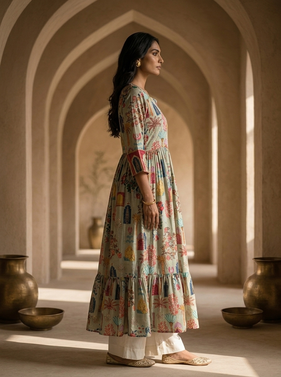 Olive Crepe Printed Long Dress