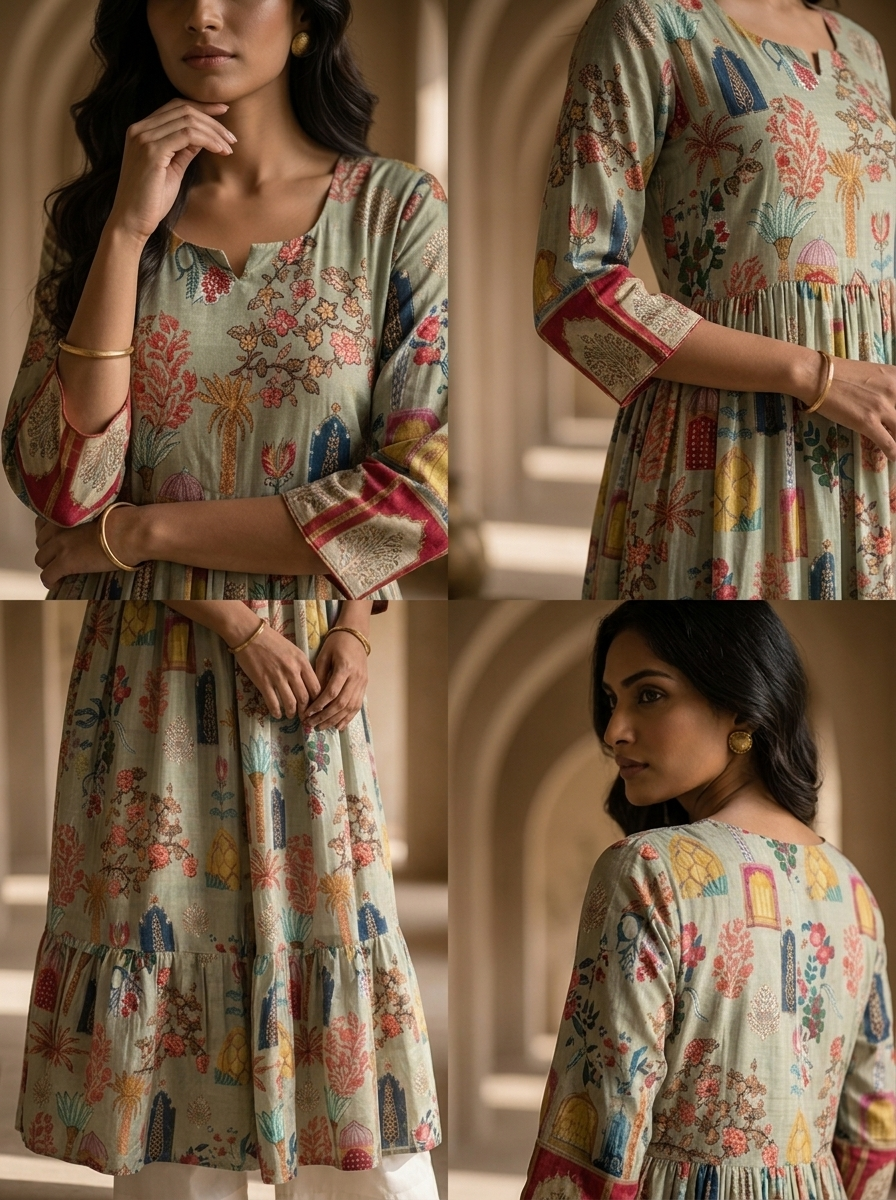 Olive Crepe Printed Long Dress