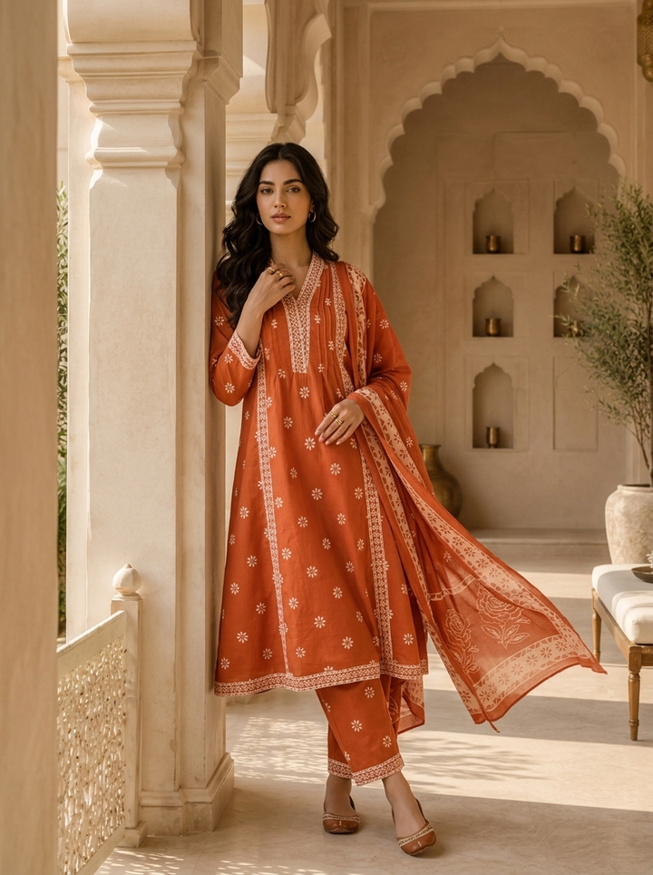Orange Cotton Printed And Beads Embroidered Three Piece Set
