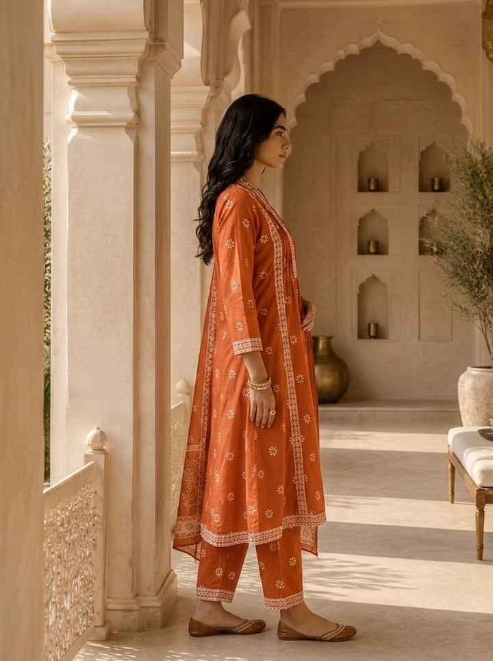 Orange Cotton Printed And Beads Embroidered Three Piece Set