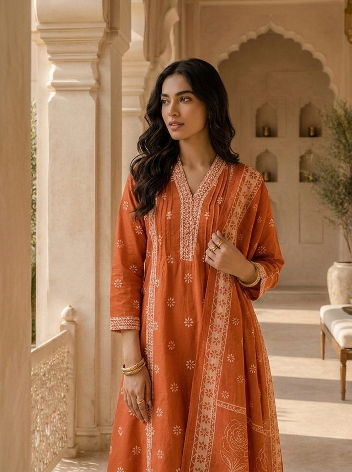 Orange Cotton Printed And Beads Embroidered Three Piece Set