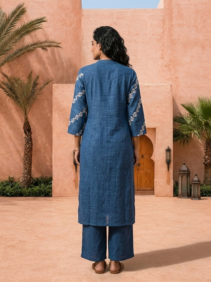 Indigo Blue Thread Embroidered Rayon Two Piece Set