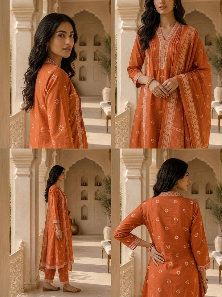 Orange Cotton Printed And Beads Embroidered Three Piece Set