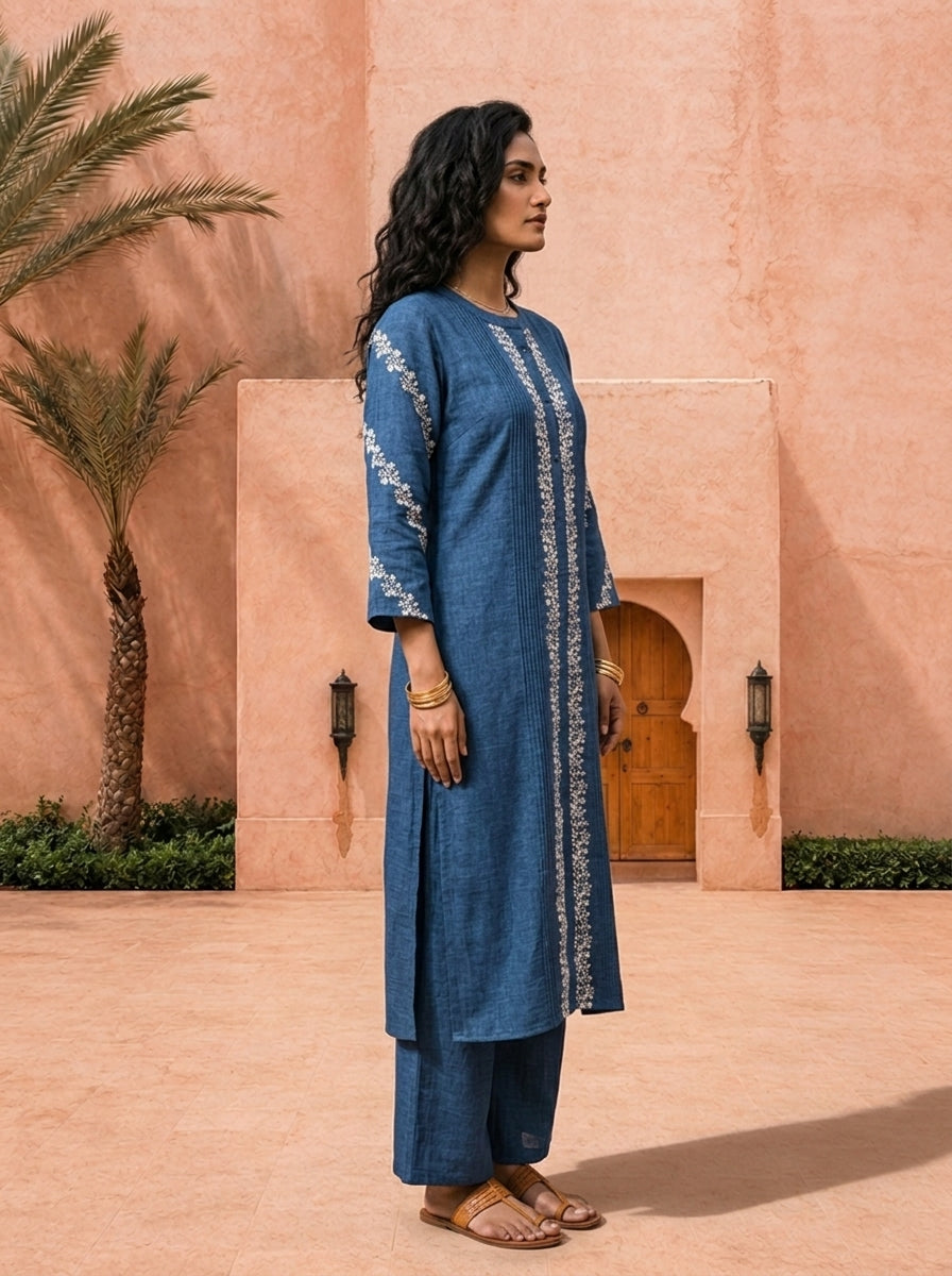 Indigo Blue Thread Embroidered Rayon Two Piece Set