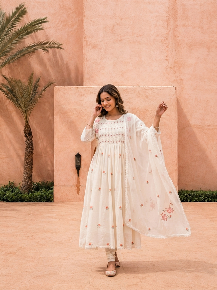White Pleated Design And Thread Embroidery Three Piece Set