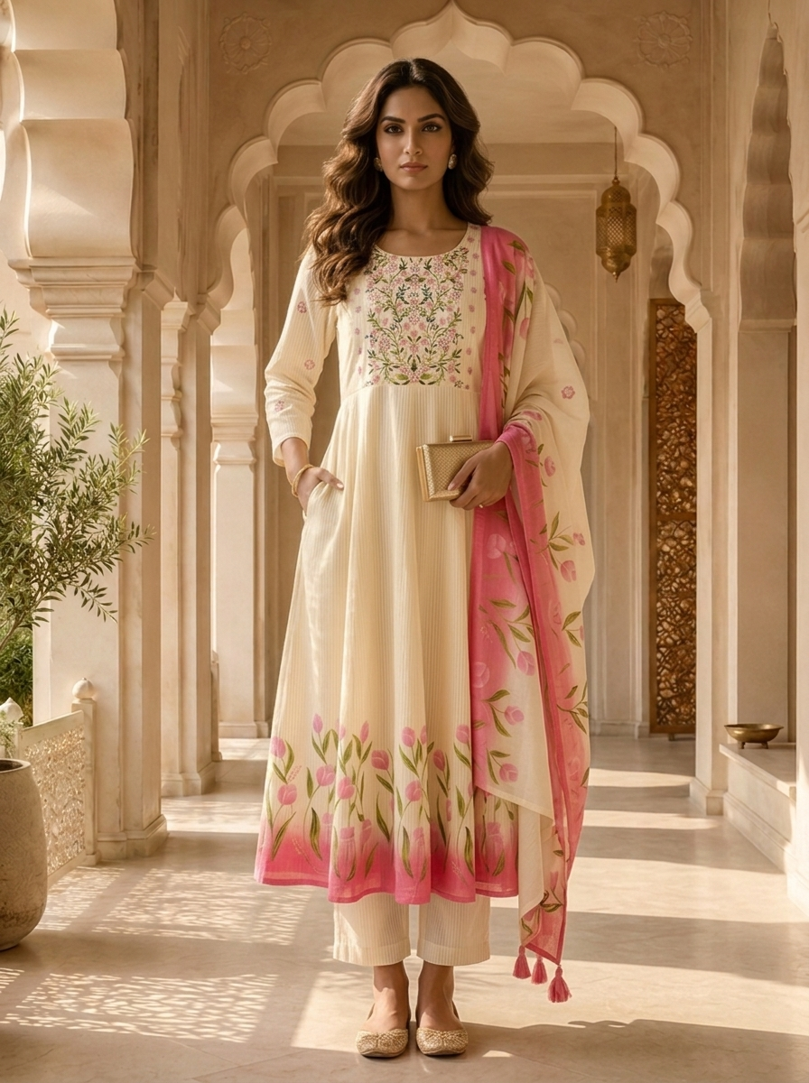 Cream And Pink Stripe Printed And Floral Thread Embroidery Three Piece Set