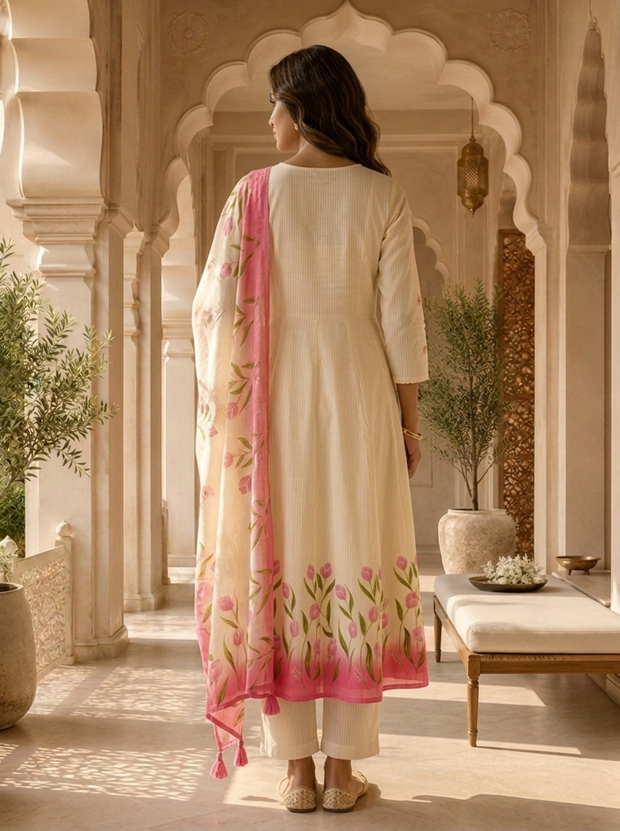 Cream And Pink Stripe Printed And Floral Thread Embroidery Three Piece Set